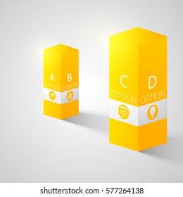 Web business infographics with two 3d yellow light columns four options and icons isolated vector illustration