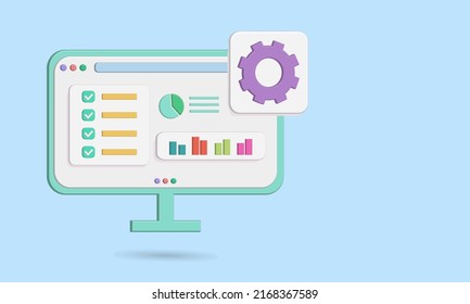 Web business on computer screen with setting, chart, infographic, and checklist
