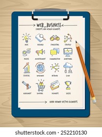 Web business sketched hand drawn concepts with pencil and clipboard