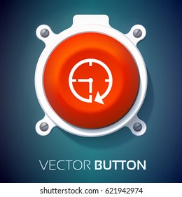 Web business template with clock icon and red round button on dark blue background isolated vector illustration