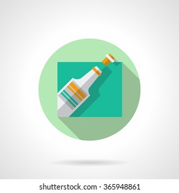 Web button for celebration and event agency. Champagne bottle. Festive program. Green round flat vector icon with long shadow. Element for web design, business, mobile app.