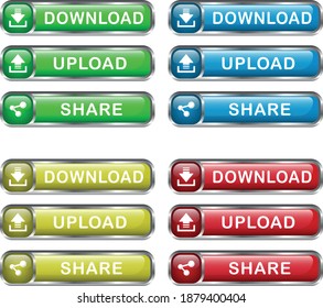Web button download upload share 3d, red, green, yellow, blue. vector illustrator