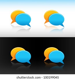 Web button icon yellow and blue speech bubbles. Colored variations reflection on white and black backgrounds.