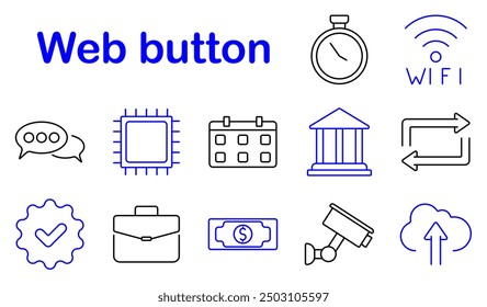 Web button set icon. Chat, processor, calendar, bank, transfer, security, portfolio, finance, surveillance, cloud storage, Wi-Fi, communication, digital, online, internet, technology, user interface