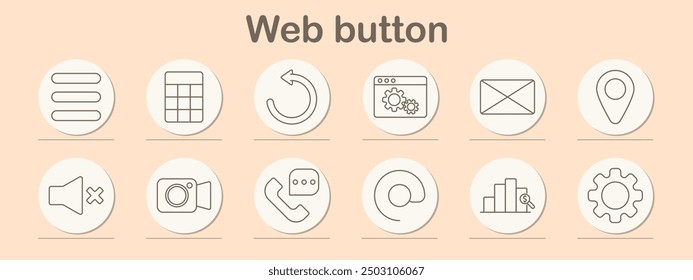 Web button set icon. Menu, refresh, settings, email, location, speaker, video, call, chat, upload, analysis, settings, navigation, interface, website, internet, media, technology, ui, communication