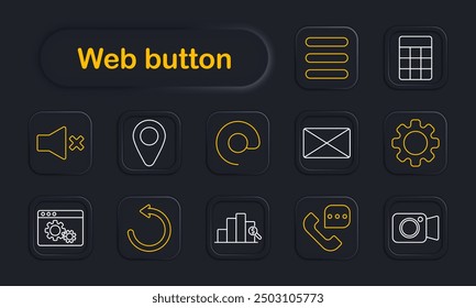 Web button set icon. Mute, location, menu, email, settings, reload, graph, analytics, phone, camera, navigation, interface, communication, data, configuration.