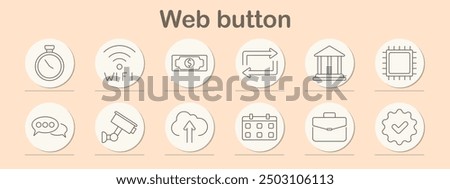 Web button set icon. Stopwatch, wifi, chat, chip, calendar, building, check, transfer, money, briefcase, upload, camera, tech, digital, online, internet, interface, web, control, navigation.