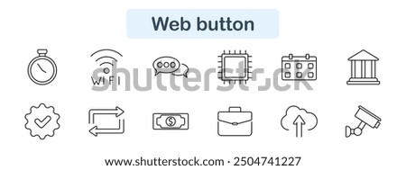 Web button set icon. Stopwatch, wifi, chat, chip, calendar, building, check, transfer, money, briefcase, upload, camera, tech, digital, online, internet, interface, web, control, navigation.