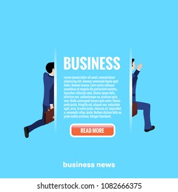 web button and text on a blue background, running man in a business suit, isometric image