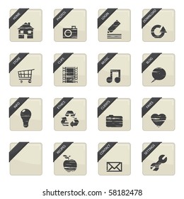 web button tile badges with black ribbons isolated on white