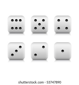 Web button white casino dice icon with shadow and reflection. White background