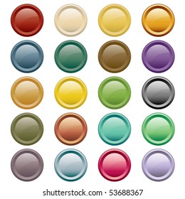 Web buttons in 20 round assorted colors. Isolated on white. Raster also available.