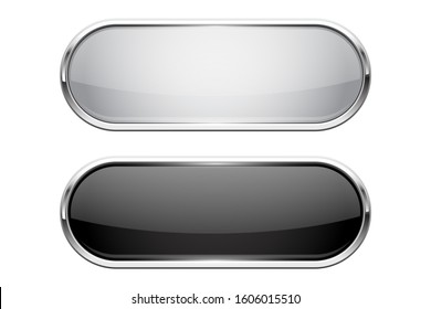 Web buttons. Black and white shiny oval icons with chrome frame. Vector 3d illustration isolated on white background