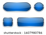 Web buttons. Blue shiny icons with chrome frame. Vector 3d illustration isolated on white background