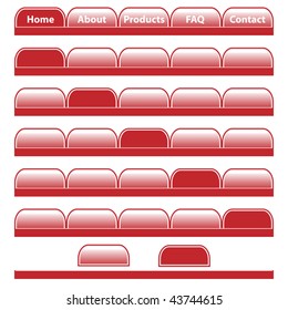 Web buttons, burgundy navigation bars with individual blank tabs. Isolated on white.