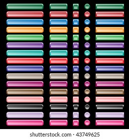 Web buttons collection in assorted colors, shapes and sizes. Isolated on black. Raster also available.