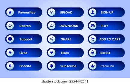 web buttons collection in blue style design. Favourites, Upload, Sign Up, Search, Download, Play, Support, Share, Add to Cart, Likes, Setting, Boost, Donate, Subscribe, premium. full set of elements. 