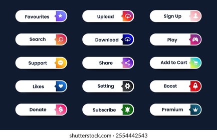 web buttons collection in gradient style design. Favourites, Upload, Sign Up, Search, Download, Play, Support, Share, Add to Cart, Likes, Setting, Boost, Donate, Subscribe, premium. full set of elemen