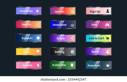 web buttons collection in gradient style and glossy glass design isolated.  vector