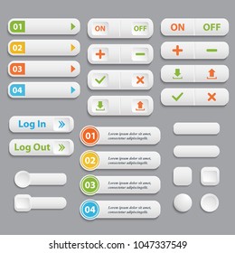 Web  buttons collection.Vector  realistic Matted white color blank Web  button  symbol set isolated  with shadow on a gray background