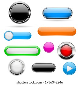 Botones Web. Conjunto de iconos de color con y sin marco metálico. 3 d elementos brillantes sobre fondo blanco. Ilustración del vector
