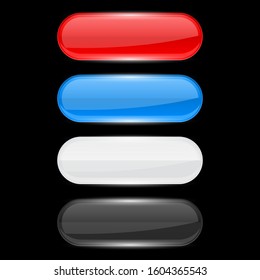 Web buttons. Colored shiny oval icons on black background. Vector 3d illustration
