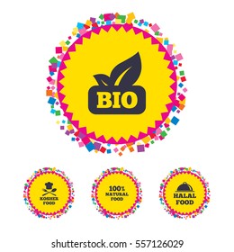 Web buttons with confetti pieces. 100% Natural Bio food icons. Halal and Kosher signs. Chief hat with fork and spoon symbol. Bright stylish design. Vector