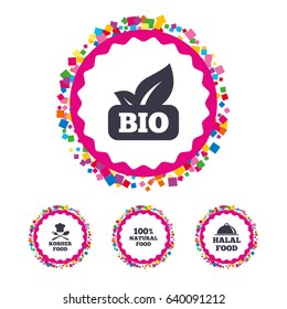 Web buttons with confetti pieces. 100% Natural Bio food icons. Halal and Kosher signs. Chief hat with fork and spoon symbol. Bright stylish design. Vector