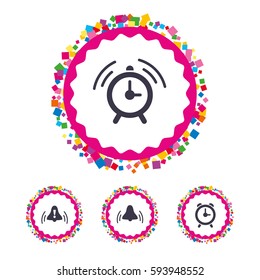 Web buttons with confetti pieces. Alarm clock icons. Wake up bell signs symbols. Exclamation mark. Bright stylish design. Vector