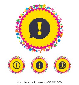 Web buttons with confetti pieces. Attention icons. Exclamation speech bubble symbols. Caution signs. Bright stylish design. Vector