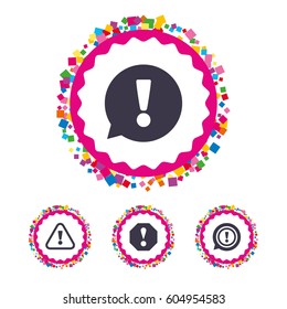 Web buttons with confetti pieces. Attention icons. Exclamation speech bubble symbols. Caution signs. Bright stylish design. Vector