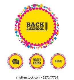 Web buttons with confetti pieces. Back to school sale icons. Studies after the holidays signs. Pencil symbol. Bright stylish design. Vector