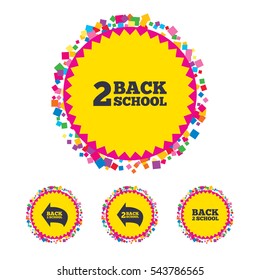 Web buttons with confetti pieces. Back to school icons. Studies after the holidays signs symbols. Bright stylish design. Vector
