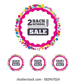 Web buttons with confetti pieces. Back to school sale icons. Studies after the holidays signs. Pencil symbol. Bright stylish design. Vector
