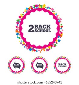 Web buttons with confetti pieces. Back to school icons. Studies after the holidays signs symbols. Bright stylish design. Vector
