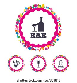 Web buttons with confetti pieces. Bar or Pub icons. Glass of beer and champagne signs. Alcohol drinks and cocktail symbols. Bright stylish design. Vector