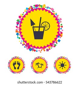 Web buttons with confetti pieces. Beach holidays icons. Cocktail, human footprints and palm trees signs. Summer sun symbol. Bright stylish design. Vector