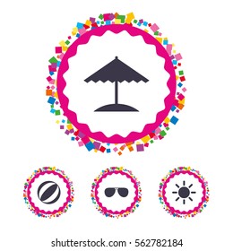Web buttons with confetti pieces. Beach holidays icons. Ball, umbrella and sunglasses signs. Summer sun symbol. Bright stylish design. Vector