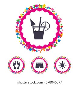 Web buttons with confetti pieces. Beach holidays icons. Cocktail, human footprints and swimming trunks signs. Summer sun symbol. Bright stylish design. Vector