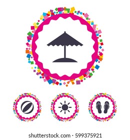 Web buttons with confetti pieces. Beach holidays icons. Ball, umbrella and flip-flops sandals signs. Summer sun symbol. Bright stylish design. Vector