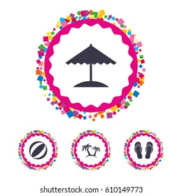 Web buttons with confetti pieces. Beach holidays icons. Ball, umbrella and flip-flops sandals signs. Palm trees symbol. Bright stylish design. Vector