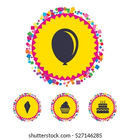 Web buttons with confetti pieces. Birthday party icons. Cake with ice cream signs. Air balloon symbol. Bright stylish design. Vector
