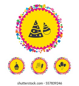 Web buttons with confetti pieces. Birthday party icons. Cake, balloon, hat and muffin signs. Fireworks with rocket symbol. Cupcake with candle. Bright stylish design. Vector