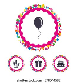 Web buttons with confetti pieces. Birthday party icons. Cake and gift box signs. Air balloons and fireworks rockets symbol. Bright stylish design. Vector