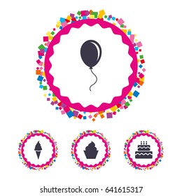 Web buttons with confetti pieces. Birthday party icons. Cake with ice cream signs. Air balloon with rope symbol. Bright stylish design. Vector