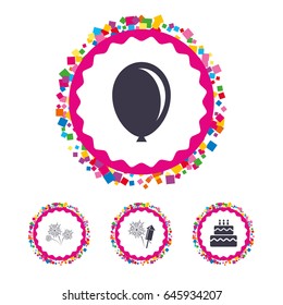 Web buttons with confetti pieces. Birthday party icons. Cake and gift box signs. Air balloon and fireworks symbol. Bright stylish design. Vector