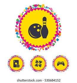 Web buttons with confetti pieces. Bowling and Casino icons. Video game joystick and playing card with puzzles pieces symbols. Entertainment signs. Bright stylish design. Vector
