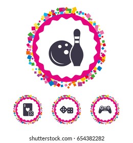 Web buttons with confetti pieces. Bowling and Casino icons. Video game joystick and playing card with dice symbols. Entertainment signs. Bright stylish design. Vector