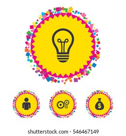 Web buttons with confetti pieces. Business icons. Human silhouette and lamp bulb idea signs. Dollar money bag and gear symbols. Bright stylish design. Vector