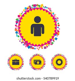 Web buttons with confetti pieces. Businessman icons. Human silhouette and cash money signs. Case and gear symbols. Bright stylish design. Vector
